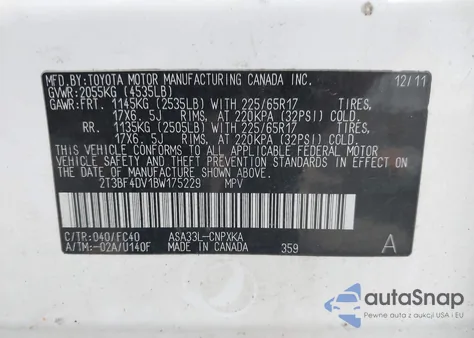 2011 Toyota Rav4 из США, поврежденный, VIN 2T3BF4DV1BW175229